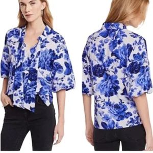 Ann Taylor Floral Neck Tie Puff Sleeve Size M